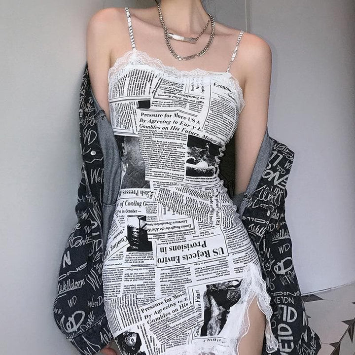 Hem lace newspaper print slit cami dress - Halibuy