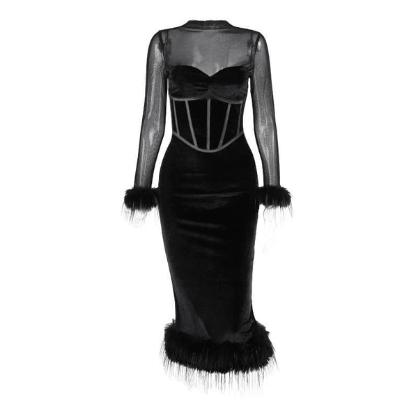 Long sleeve feather velvet mesh patchwork slit high neck midi dress