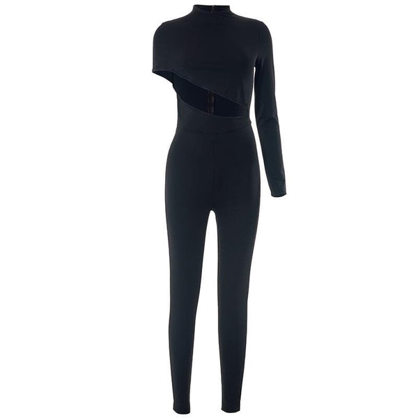 Hollow out irregular long sleeve high neck solid jumpsuit