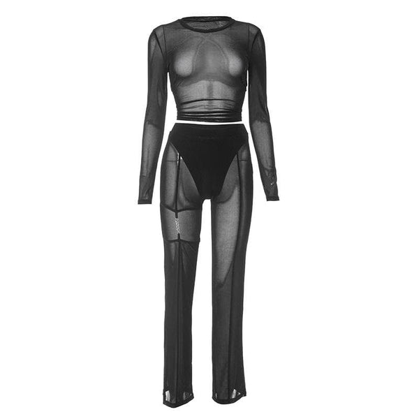 Mesh see through hollow out long sleeve solid pant set