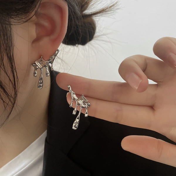 Irregular lava silver faux pearl rhinestone earrings