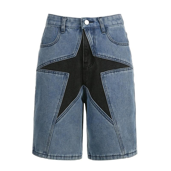Star patchwork stitch contrast denim shorts