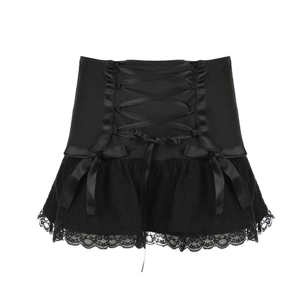 Lace up ruched lace hem solid bowknot low rise mini skirt