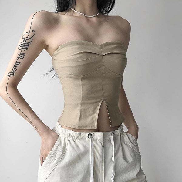 Slit solid sweetheart neck ruched backless tube crop top