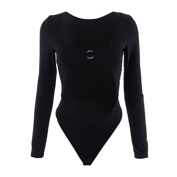 Solid long sleeve o ring hollow out u neck bodysuit