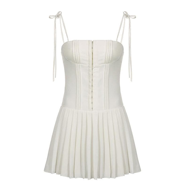 Pleated solid corset button self tie zip-up mini dress