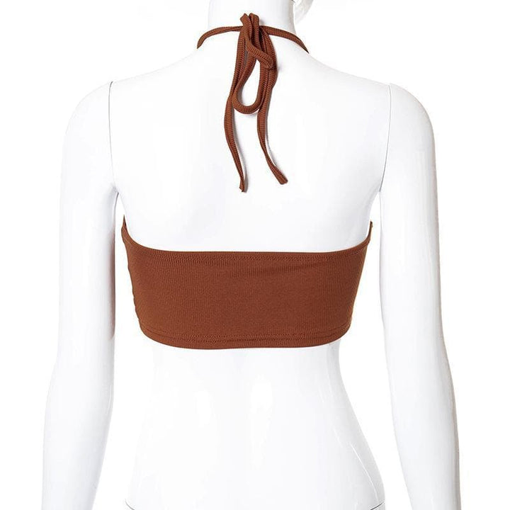 Hollow out ruched halter ribbed crop top - Halibuy