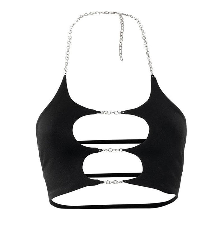 Metal chain hollow out solid crop halter top - Halibuy