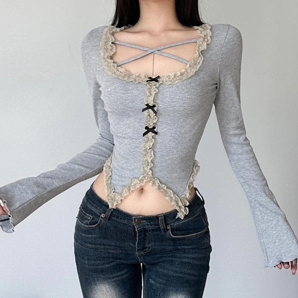 Ruffle solid ribbed contrast long sleeve cross front crop top