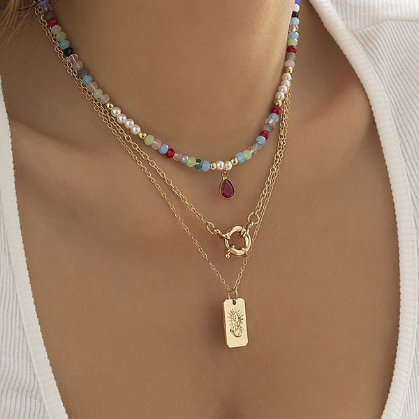 Beaded multicolor pendant 3 pcs choker necklace