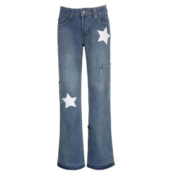 Contrast star pattern raw hem pocket straight leg jeans