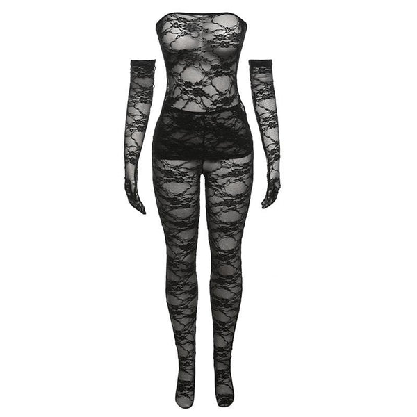 Lace see through gloves solid backless tube pant set