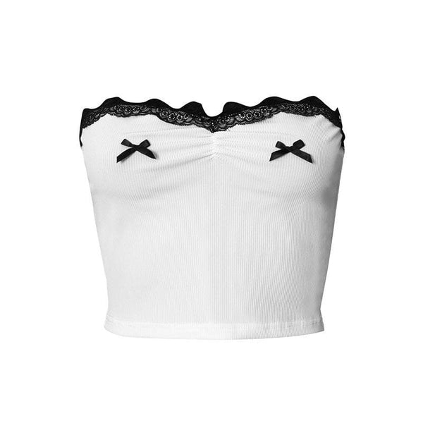 Lace hem ruched bowknot ribbed contrast backless tube top