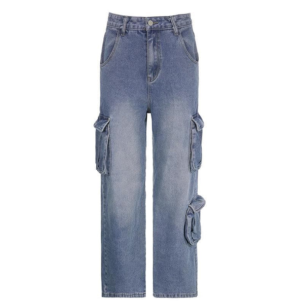 Cargo pocket button high rise straight leg jeans