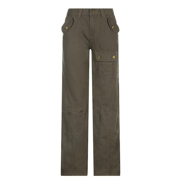 Irregular zip-up button low rise straight leg baggy cargo pocket jeans