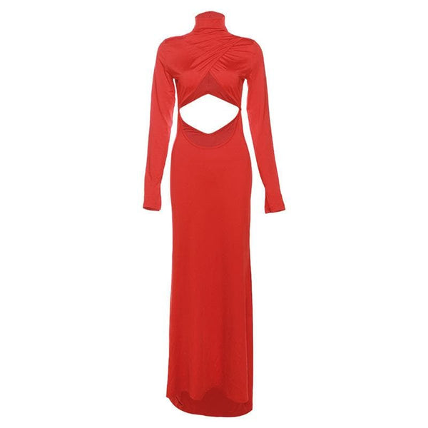 Hollow out solid long sleeve high neck zip-up maxi dress