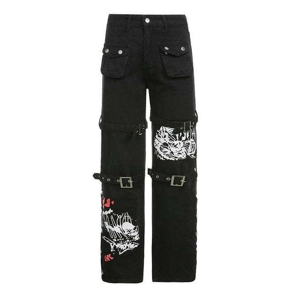 Button contrast abstract pattern cargo pocket high rise jeans