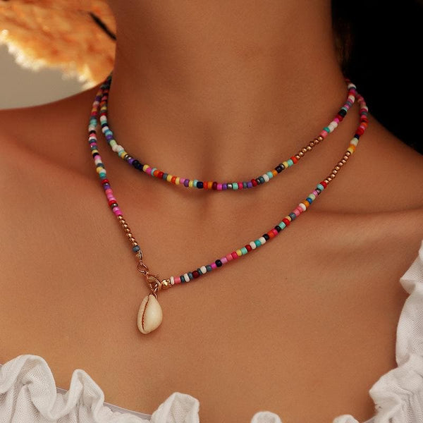 Multicolor shell pendant clay beaded layered necklace