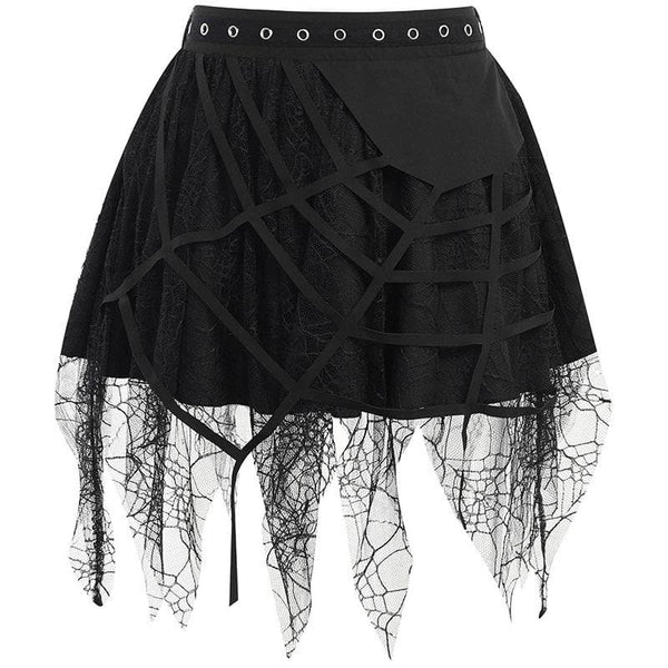 Solid irregular mesh spider web pattern mini skirt