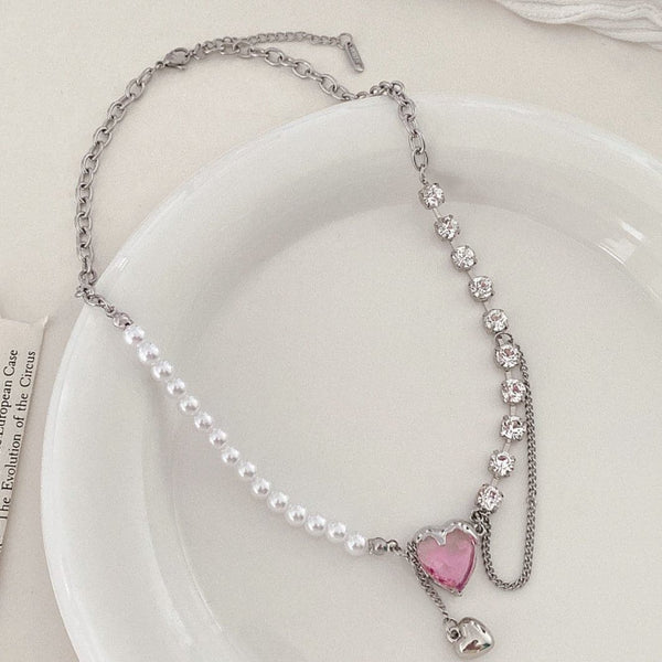 Faux pearl heart pendant rhinestone layered necklace