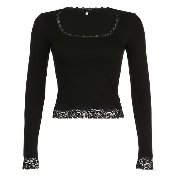Lace hem solid square neck long sleeve top