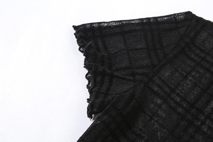 Ruffled mesh plaid long sleeve dress - Halibuy