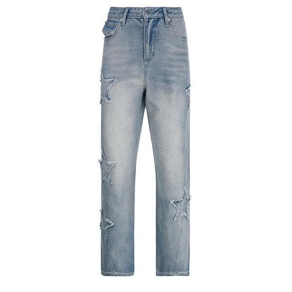 Star patchwork raw hem irregular medium rise jeans