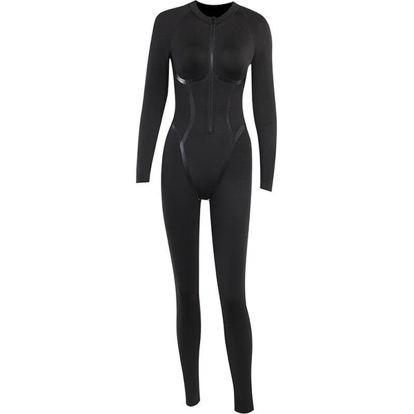 Zip-up PU leather long sleeve high neck solid jumpsuit