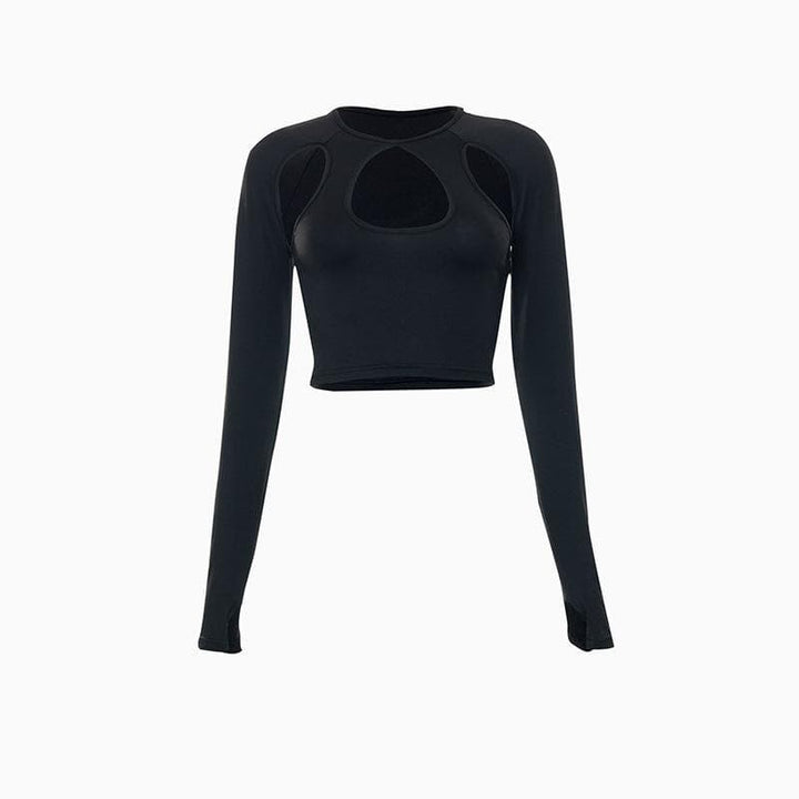 Long sleeve hollow out gloves solid crop top - Halibuy