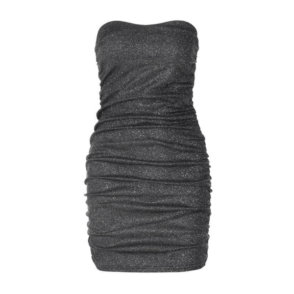 Textured solid ruched backless tube mini dress