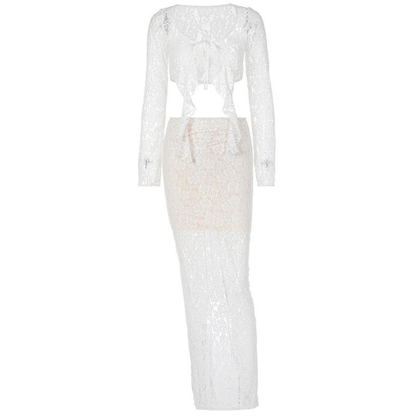 Self tie contrast lace see through ruched long sleeve maxi skirt set