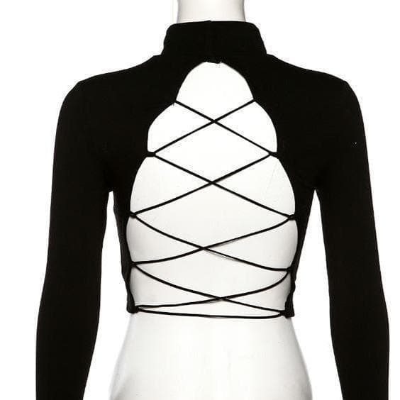 Lace up back long sleeve crop top - Halibuy