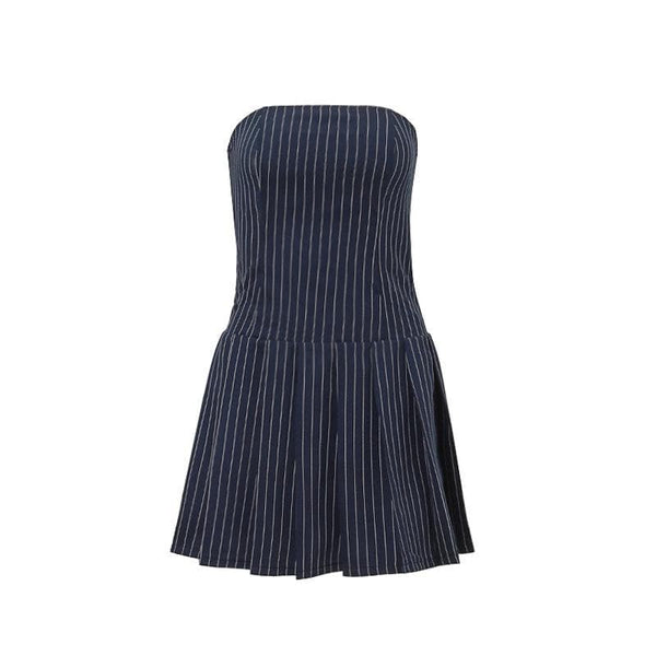 Pleated smocked striped zip-up backless tube mini dress