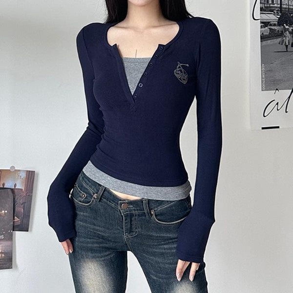 Patchwork button contrast long sleeve embroidery top