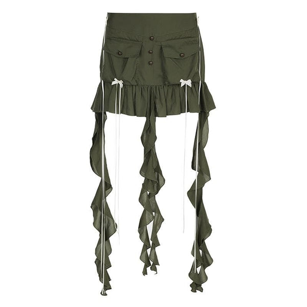 Ruffle ribbon zip-up bowknot button pocket mini skirt