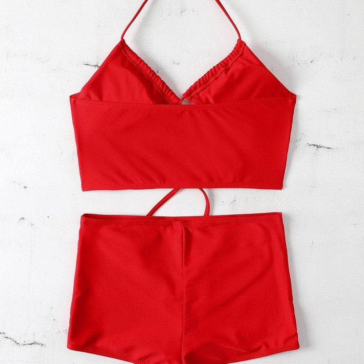 Hollow out cross tie high waisted 2 piece bikini set - Halibuy