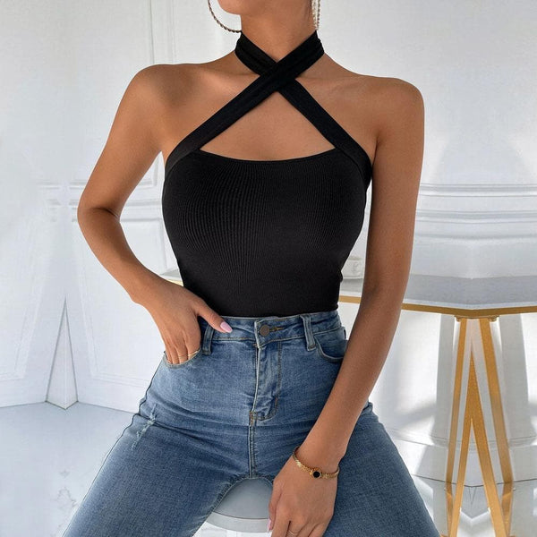 Cross front self tie hollow out solid ribbed cut out top