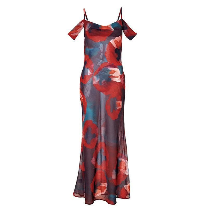 Off shoulder see through chiffon print maxi dress - Halibuy