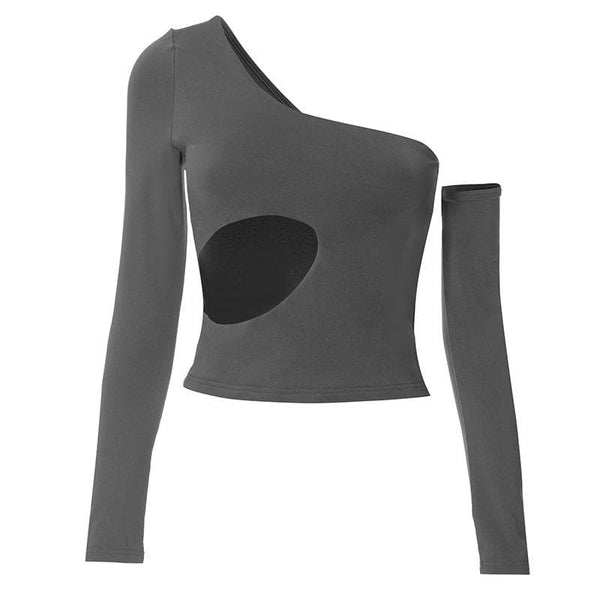 Hollow out solid one shoulder gloves irregular cut out top