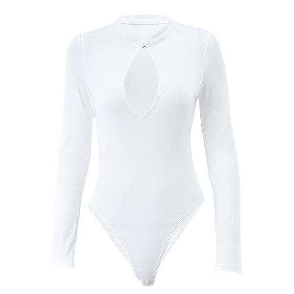 Long sleeve high neck hollow out button solid bodysuit