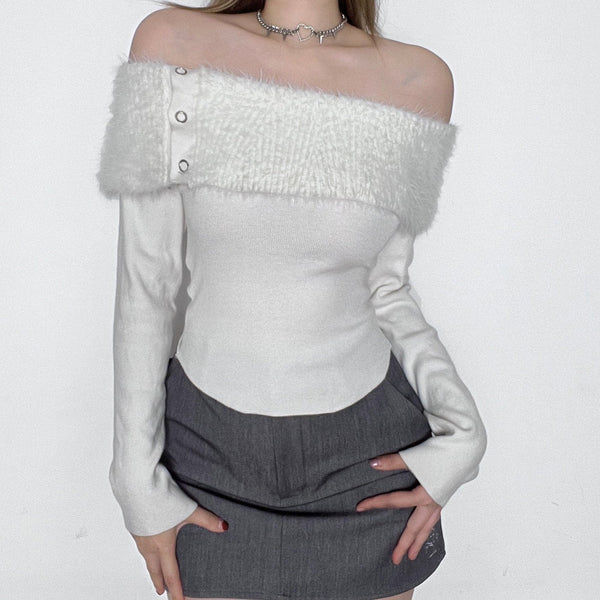 Fluffy off shoulder solid button long sleeve top