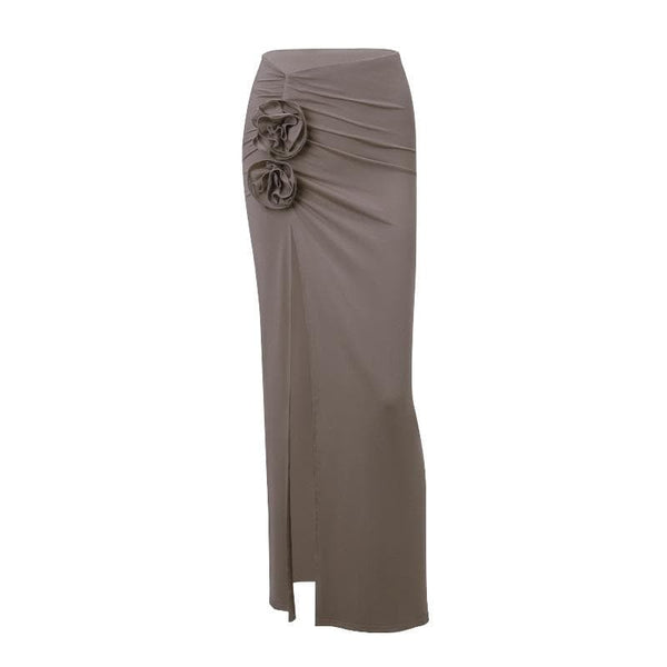Ruched high slit flower applique irregular solid maxi skirt