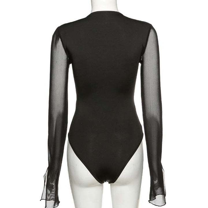 Mesh long sleeve hollow out bodysuit - Halibuy