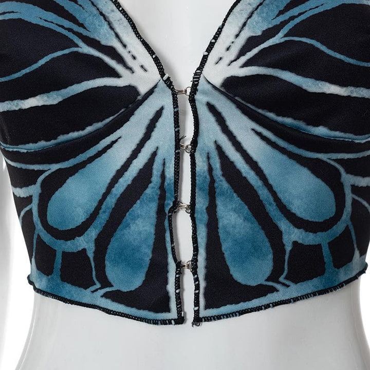 V neck butterfly print buttoned crop top - Halibuy