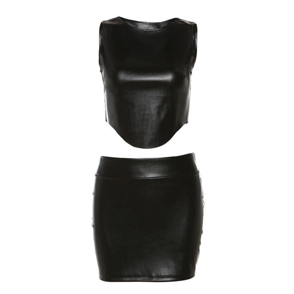 Sleeveless PU leather crewneck solid mini skirt set