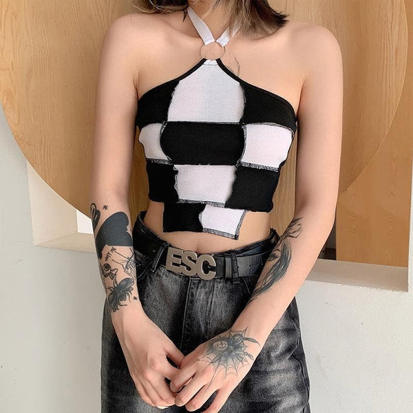 Halter o ring plaid stitch patchwork backless crop top