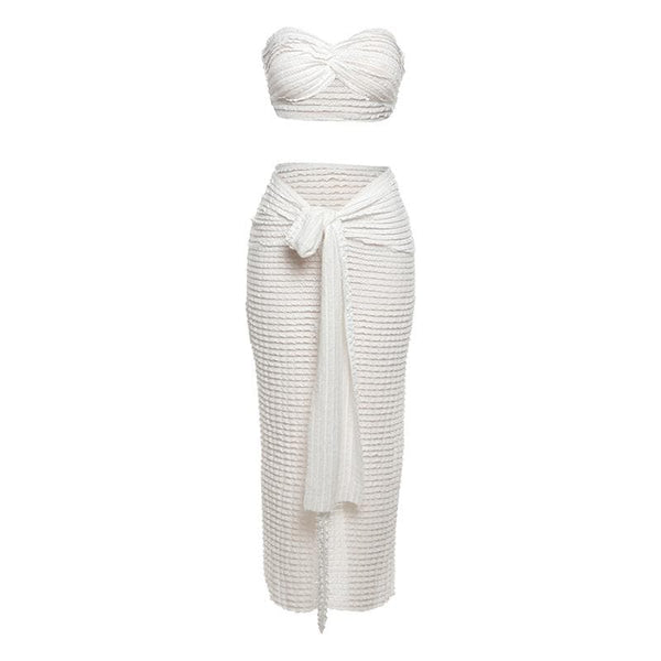 Textured solid ruffle self tie knotted tube maxi skirt set
