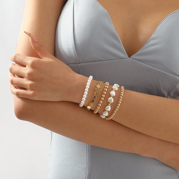 5 pcs faux pearl beaded chain bracelet