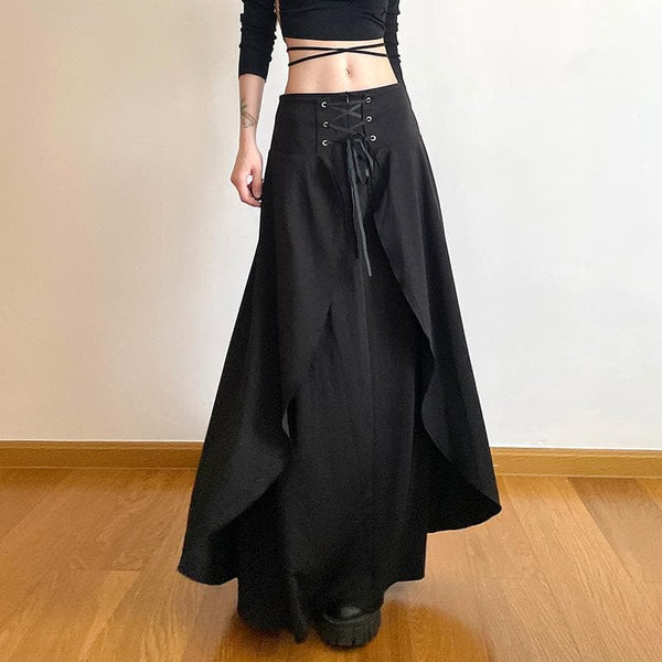 Solid lace up patchwork zip-up low rise maxi skirt