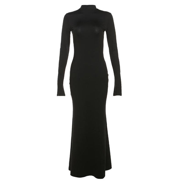 Backless high neck long sleeve solid maxi dress